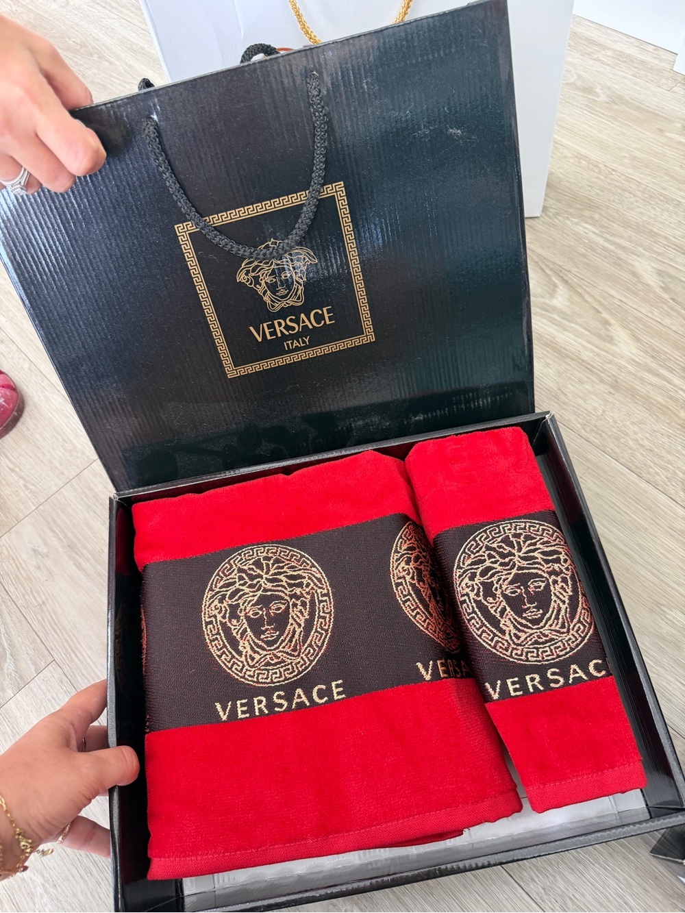 Versace Red and Black Medusa Logo Towel Gift Set
